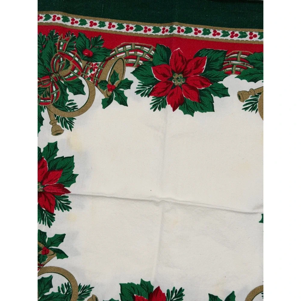 Vintage 90s Christmas‎ Tablecloth and 8 Napkins Set Poinsettia Bells Green Red